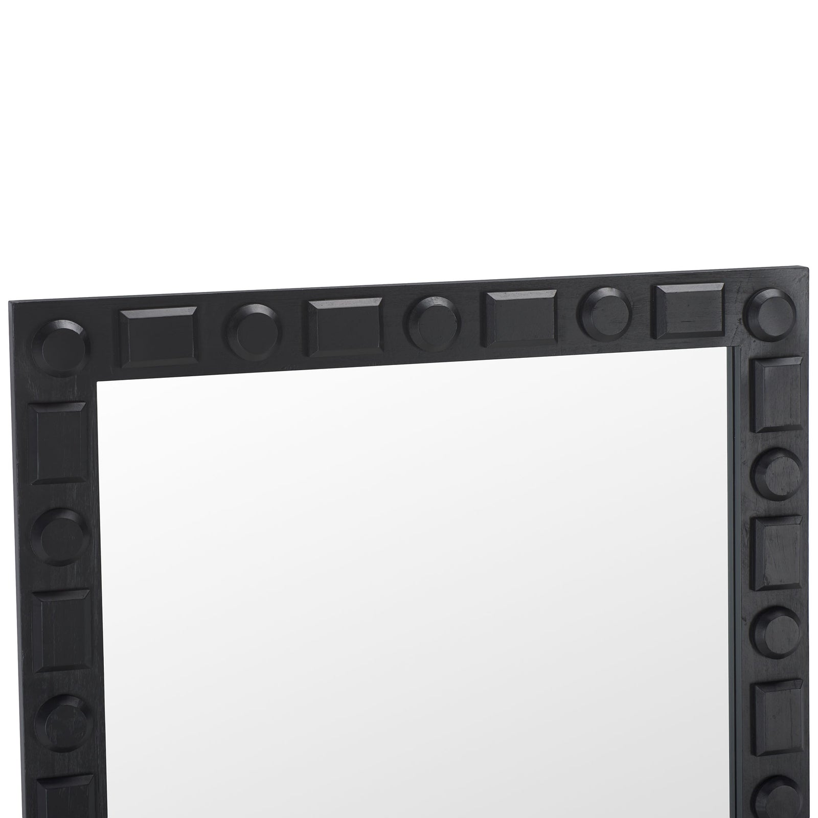 Alternating raised circles and rectangles add sculptural depth to the black mirror frame || MRR9022A || detail_studio