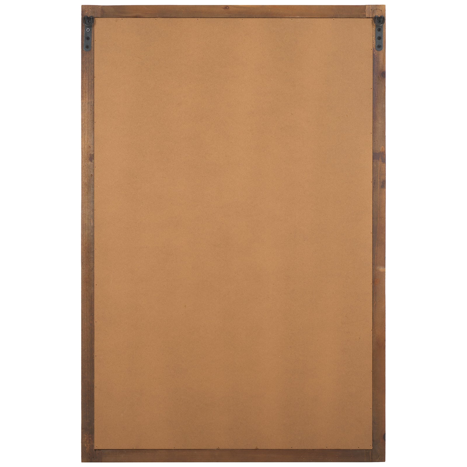 A sturdy brown backing and two metal hanging brackets support the wood-framed wall mirror || MRR9023A || back_studio
