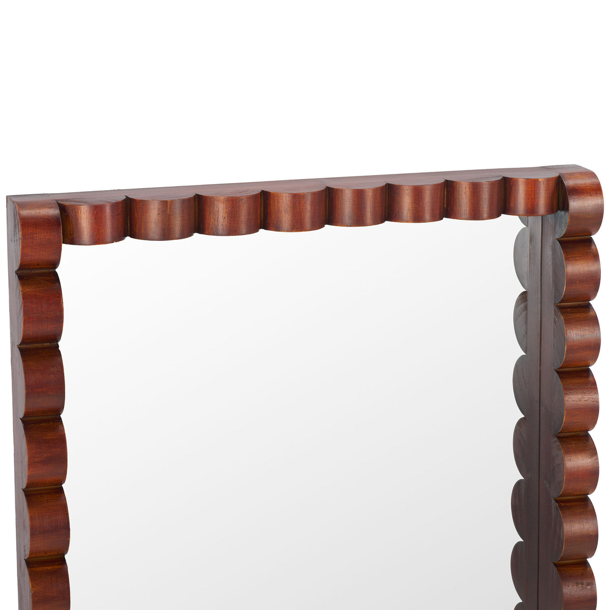 A glossy wood frame forms a rhythmic row of soft curves along the mirror's top edge || MRR9023A || detail_studio