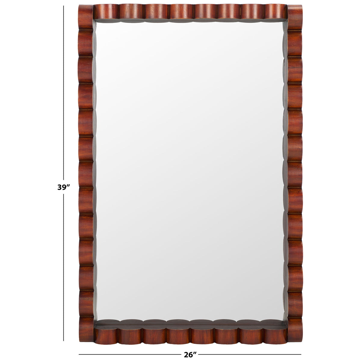 A 26-by-39-inch mirror features a carved wood border in a rich walnut tone