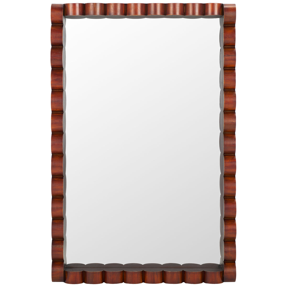 A tall rectangular mirror pairs a reflective center with a warm, scalloped wood frame || MRR9023A || front_studio