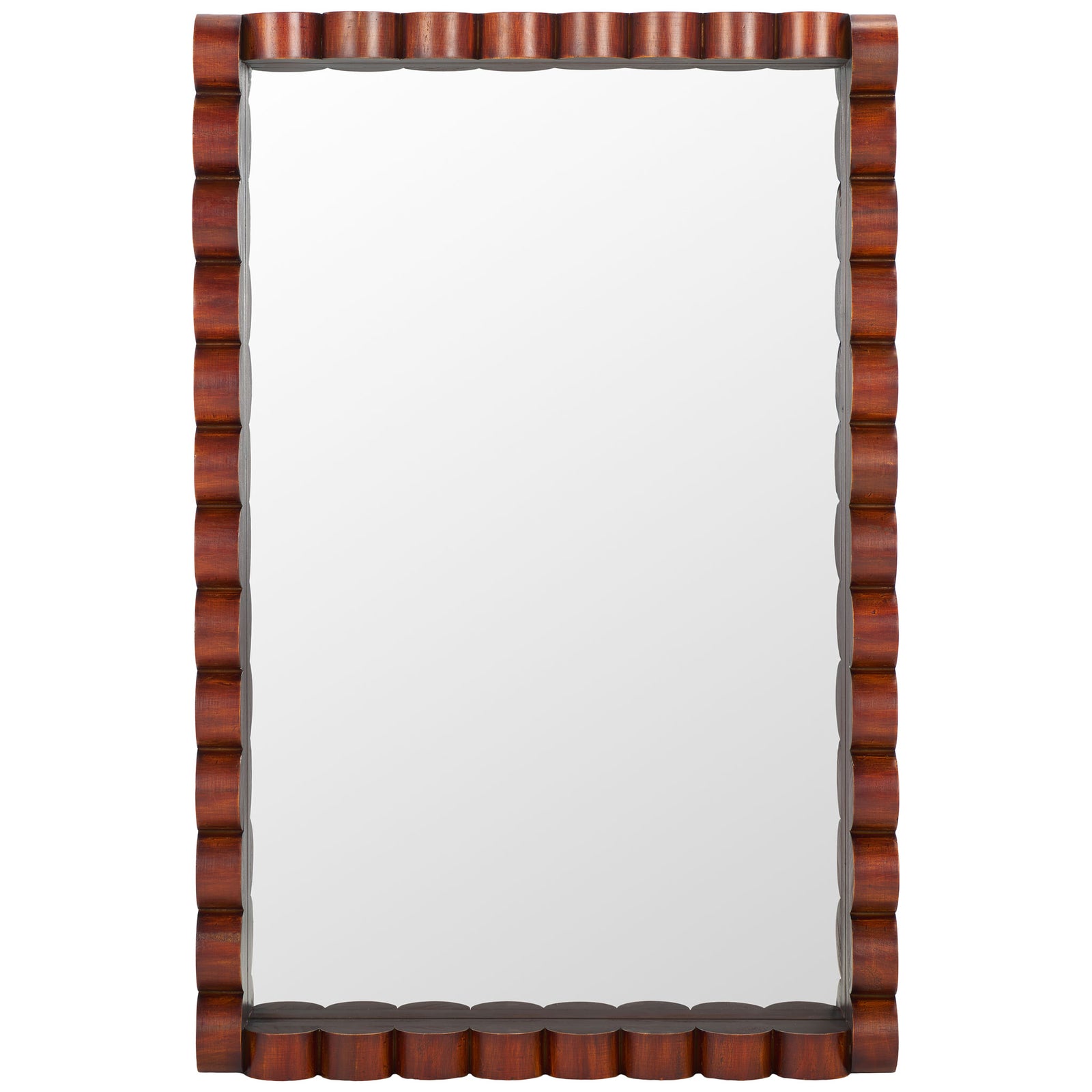 A tall rectangular mirror pairs a reflective center with a warm, scalloped wood frame || MRR9023A || front_studio