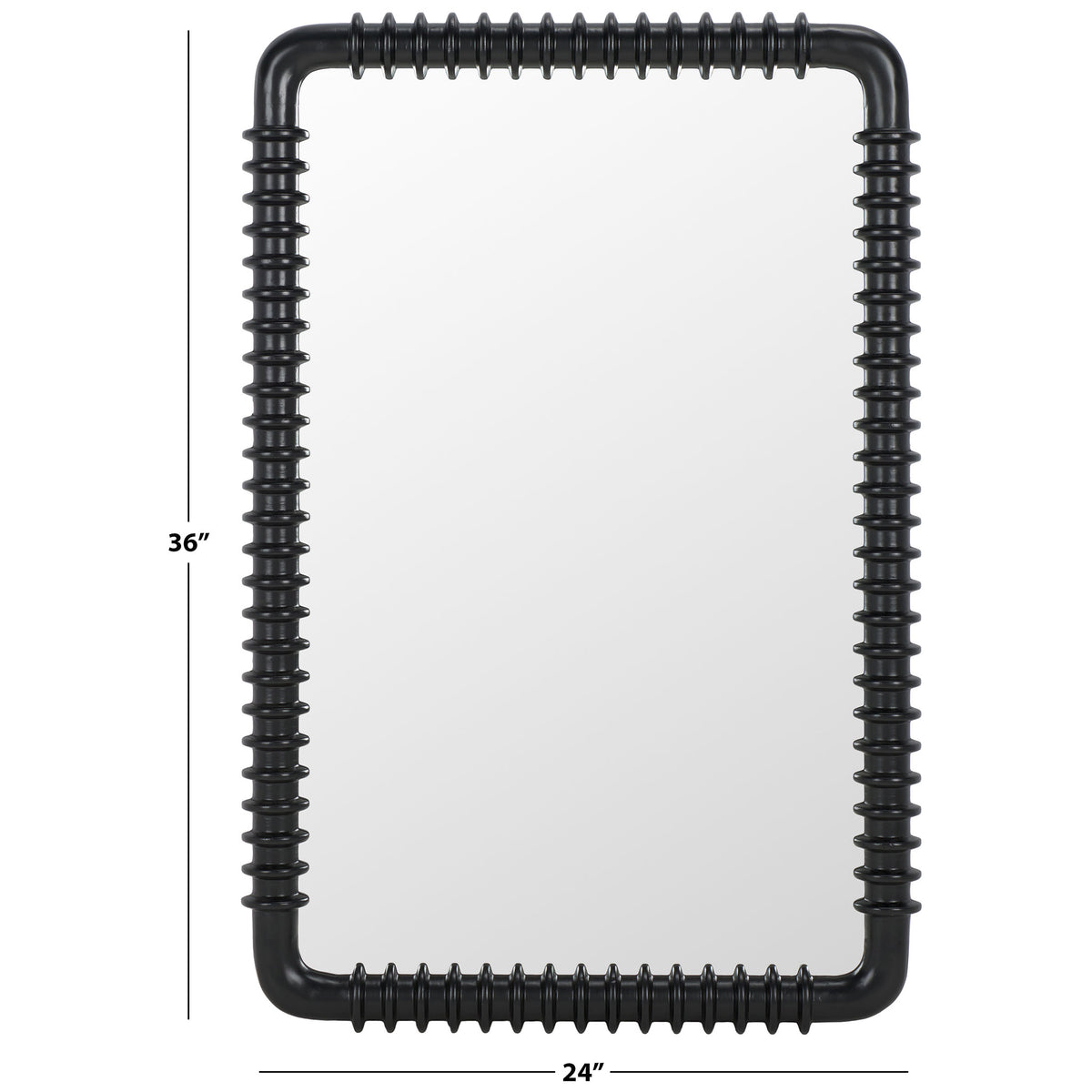 A black-framed mirror measures 24 inches wide and 36 inches high. || MRR9024A || dimension_studio