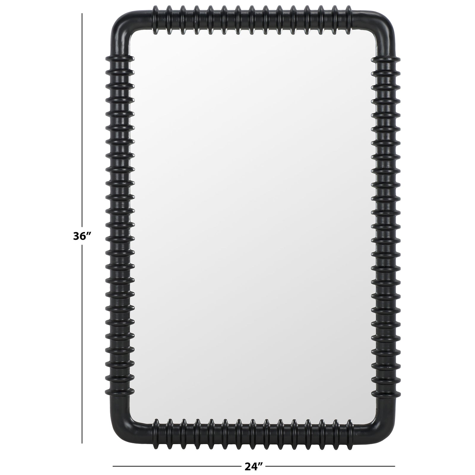 A black-framed mirror measures 24 inches wide and 36 inches high. || MRR9024A || dimension_studio