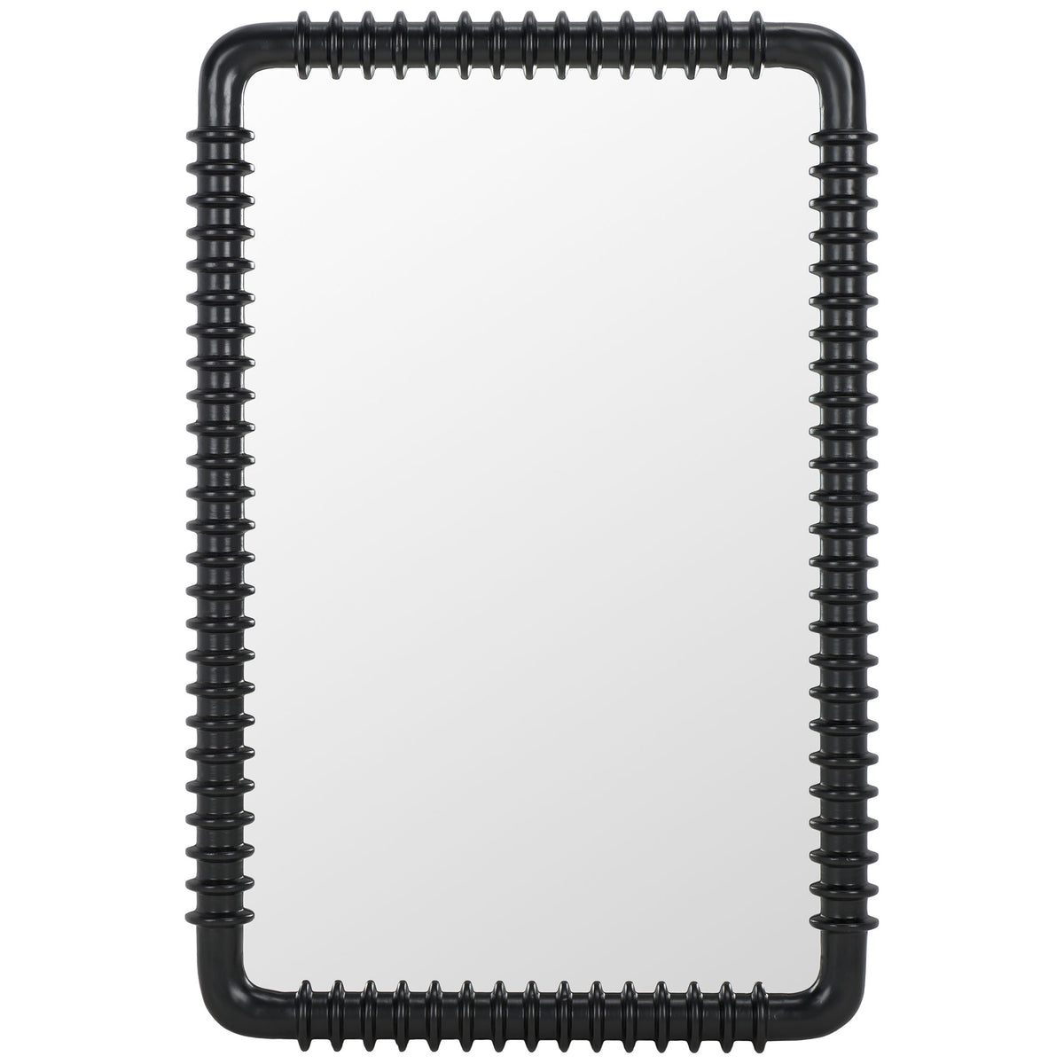 A tall rectangular mirror features a black frame with evenly spaced raised rings. || MRR9024A || front_studio