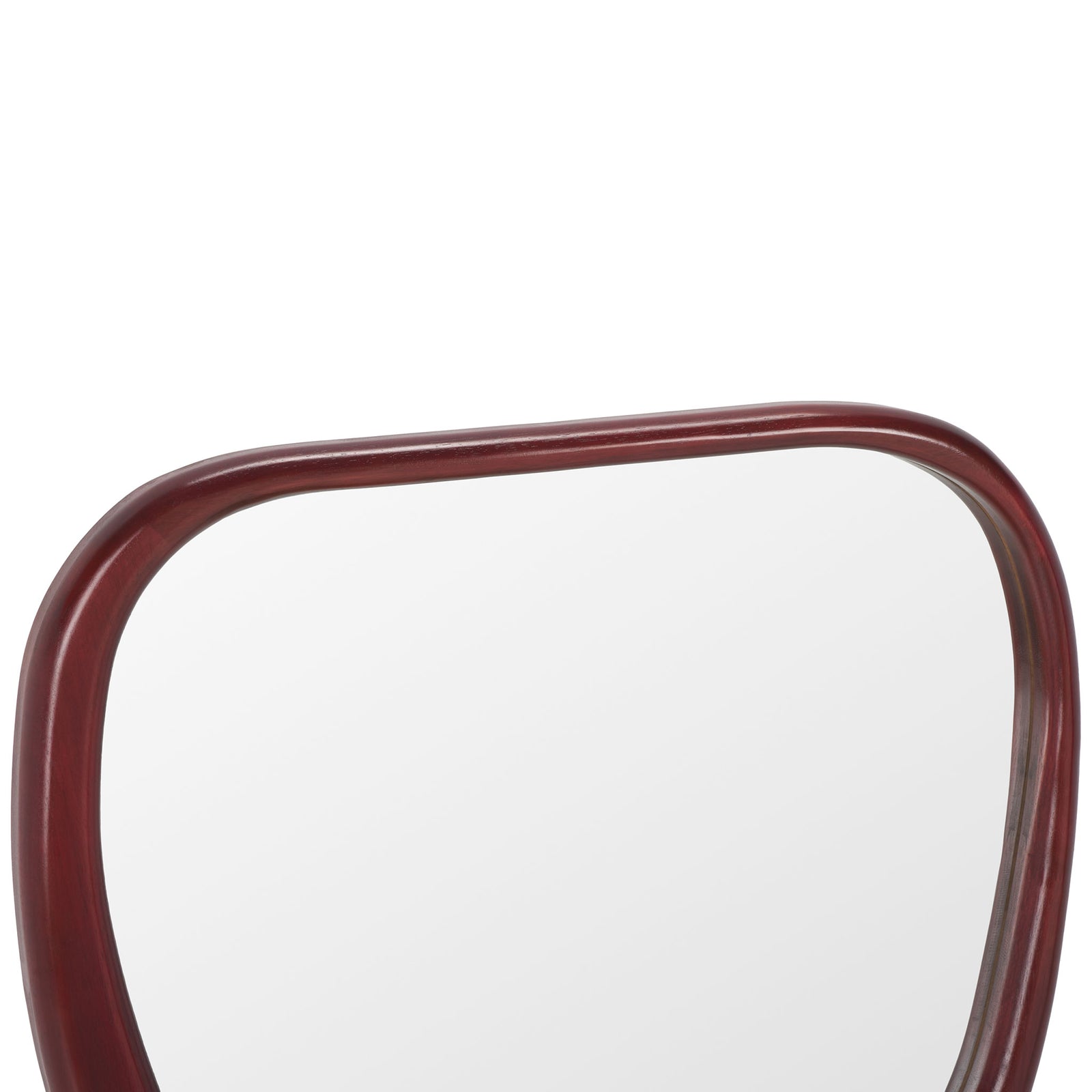 A gently rounded top edge and polished wood frame give this mirror an organic silhouette. || MRR9025A || detail_studio