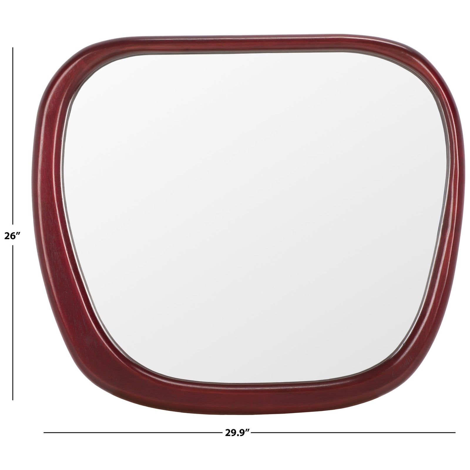 A softly rounded wood-framed mirror measures approximately 29.9 inches wide by 26 inches tall. || MRR9025A || dimension_studio
