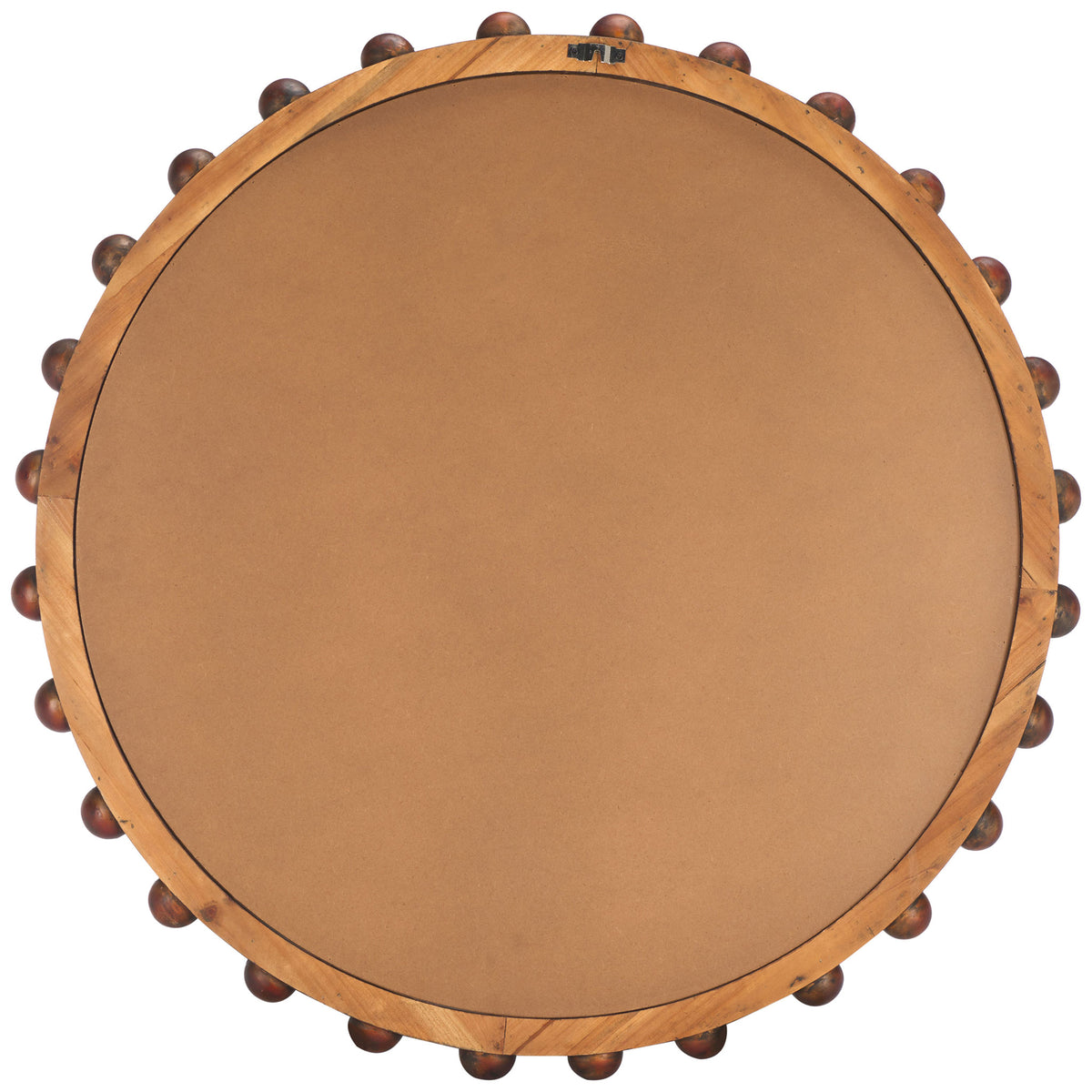 Round mirror with a smooth brown backing, natural wood rim and raised beads around the edge || MRR9026A || back_studio