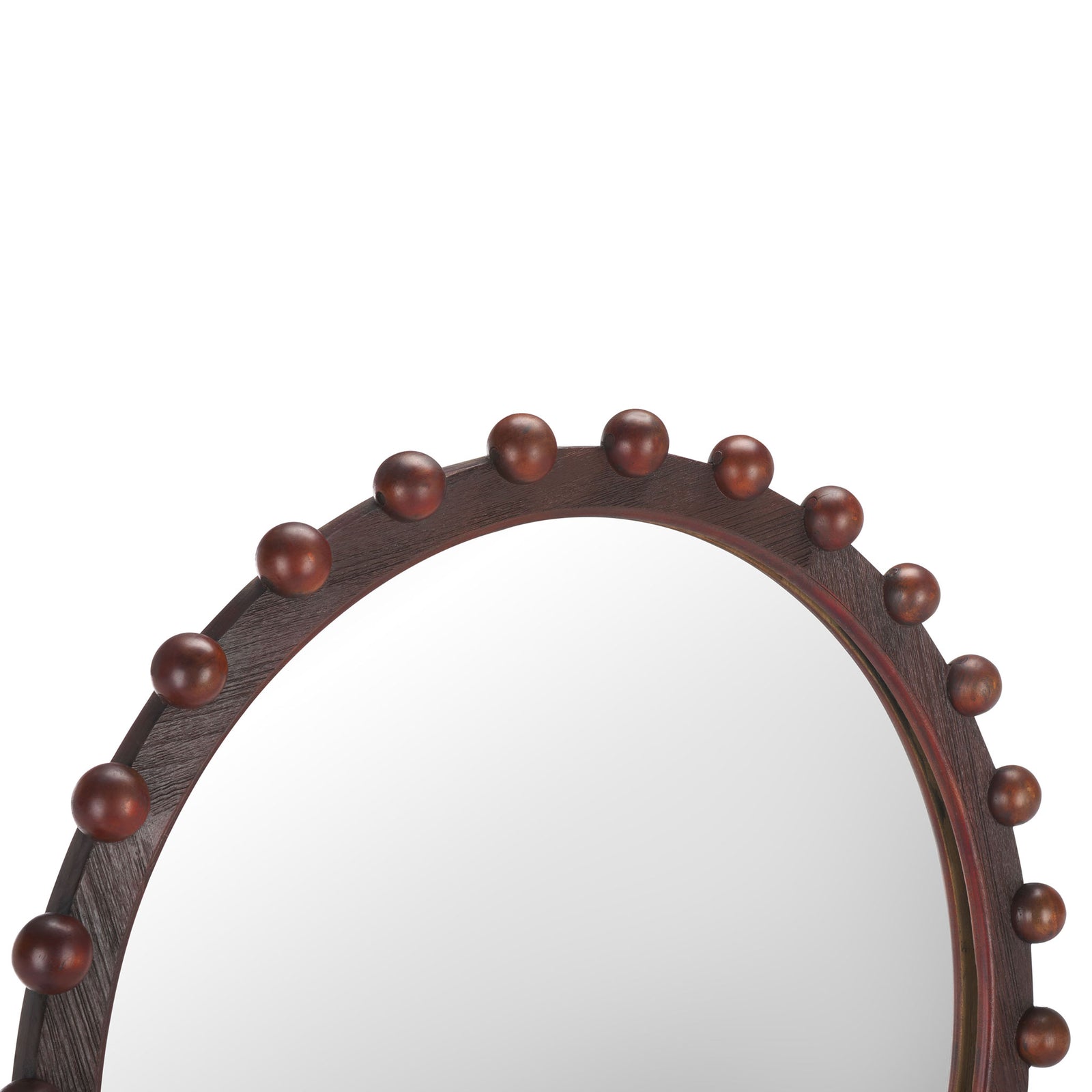 Walnut-finished wood grain contrasts with smooth, rounded bead accents along the mirror frame || MRR9026A || detail_studio