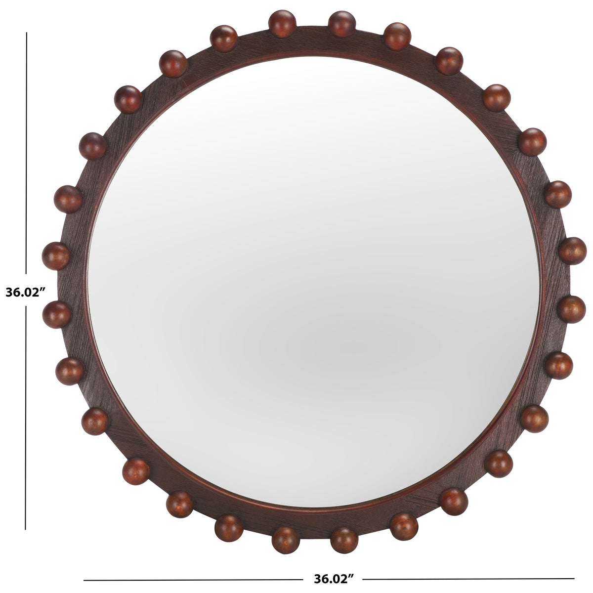 Round walnut-finished mirror with beaded wood trim measures 36.02 inches across || MRR9026A || dimension_studio