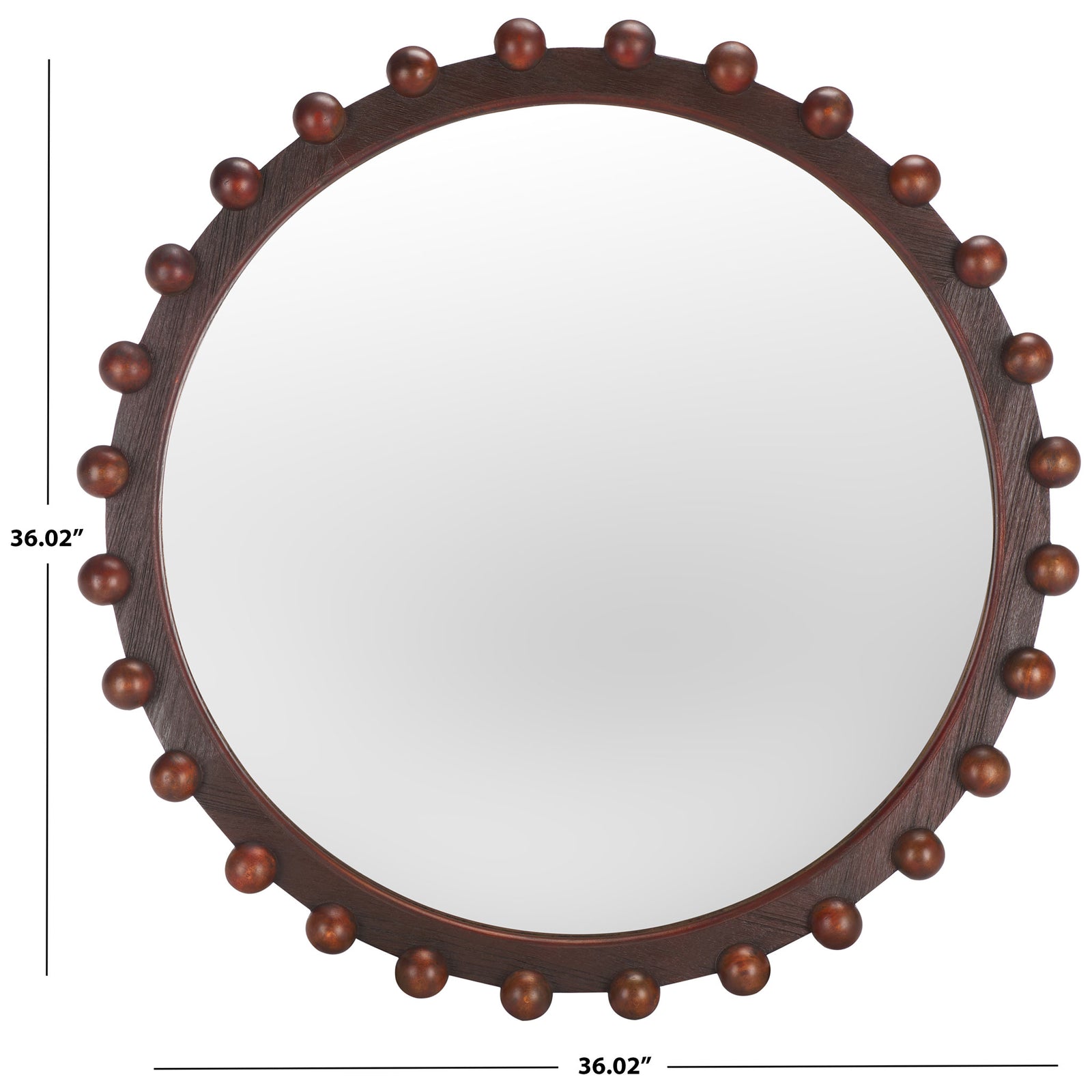 Round walnut-finished mirror with beaded wood trim measures 36.02 inches across || MRR9026A || dimension_studio