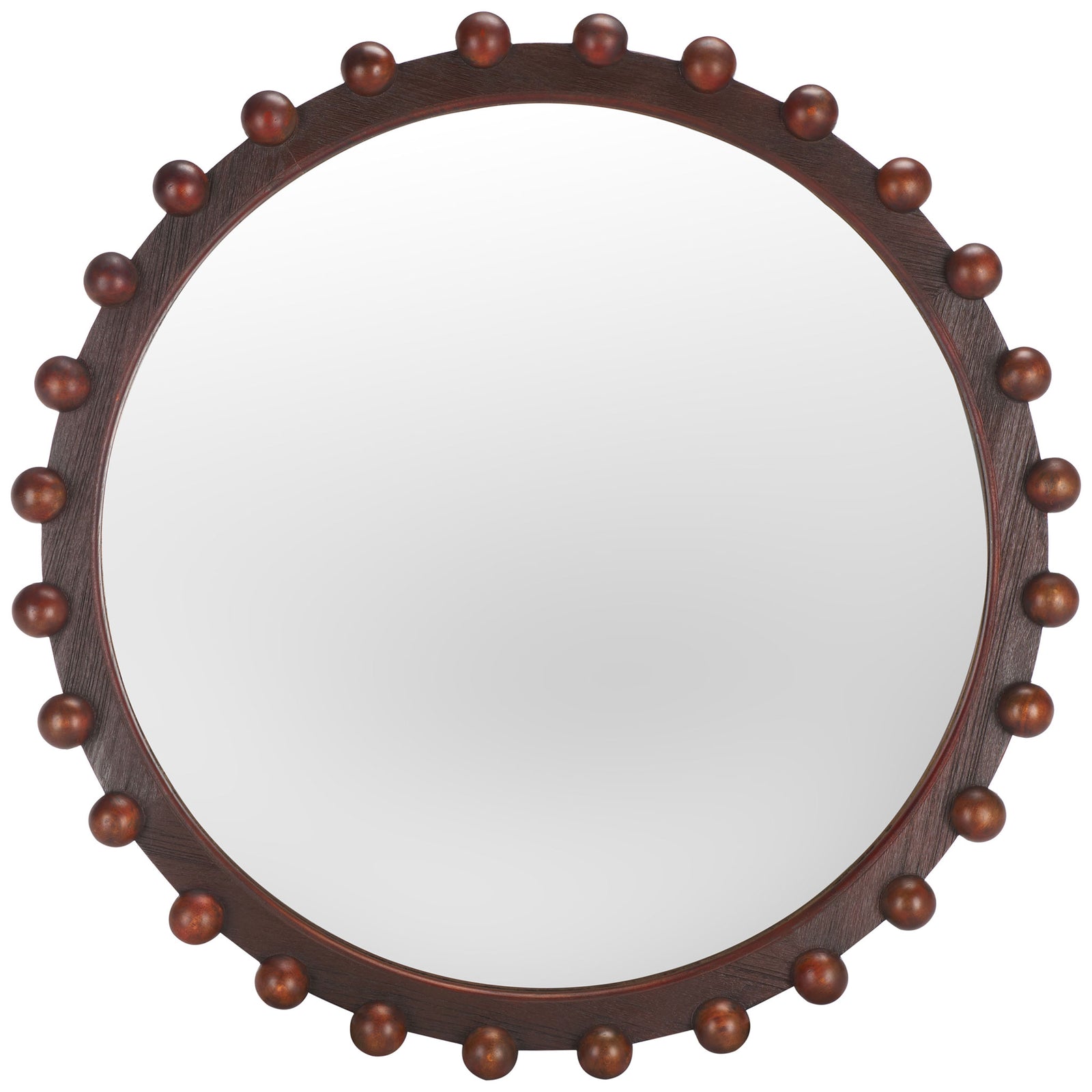Round mirror with a walnut-finished wood frame and evenly spaced spherical accents || MRR9026A || front_studio