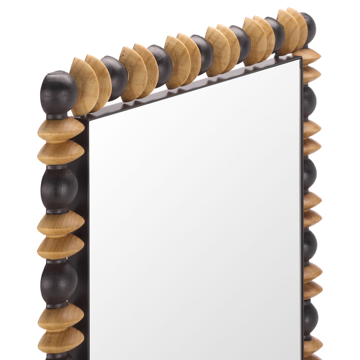 Alternating round black beads and turned natural wood discs add depth to a slim mirror frame. || MRR9028A || detail_studio