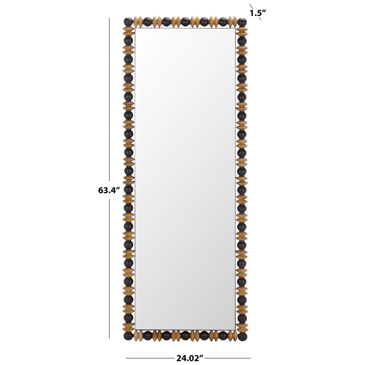 A 63.4-inch-tall mirror measures 24.02 inches wide, with a slim 1.5-inch profile and a beaded frame.