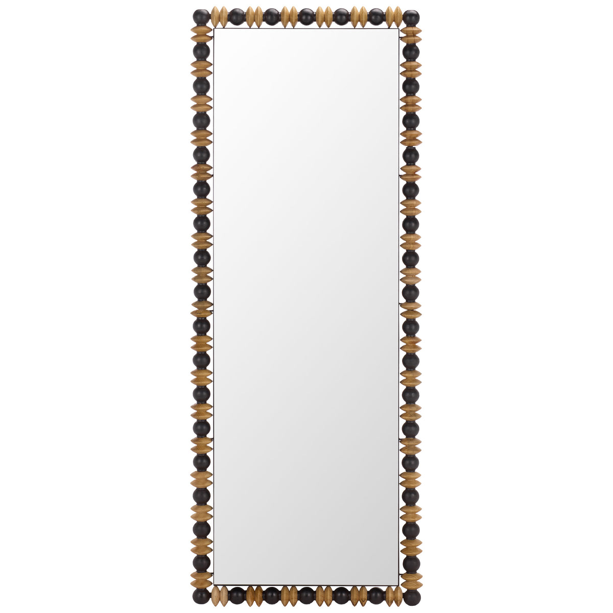 A full-length mirror features a bold border of black beads and warm, natural wood discs. || MRR9028A || front_studio