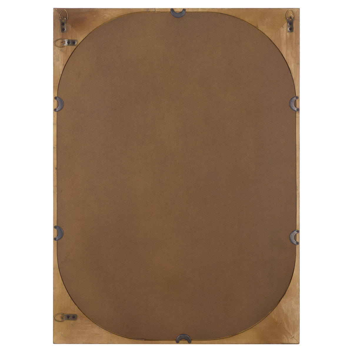 A smooth brown back panel and metal hanging hardware complete this wood-framed mirror. || MRR9030A || back_studio