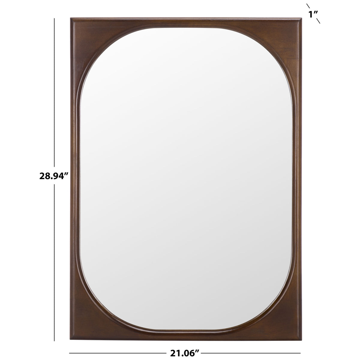 The brown-framed mirror measures 21.06 inches wide, 28.94 inches high, and 1 inch deep. || MRR9030A || dimension_studio