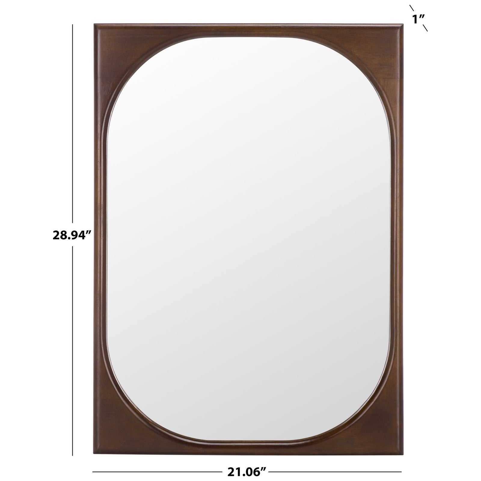 The brown-framed mirror measures 21.06 inches wide, 28.94 inches high, and 1 inch deep. || MRR9030A || dimension_studio