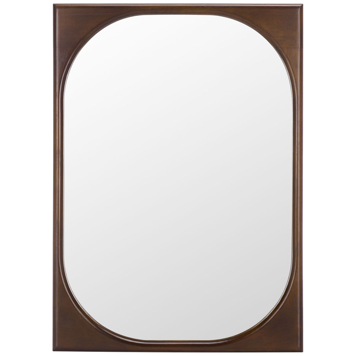 A rich brown rectangular frame surrounds rounded mirror glass for a warm, modern look. || MRR9030A || front_studio