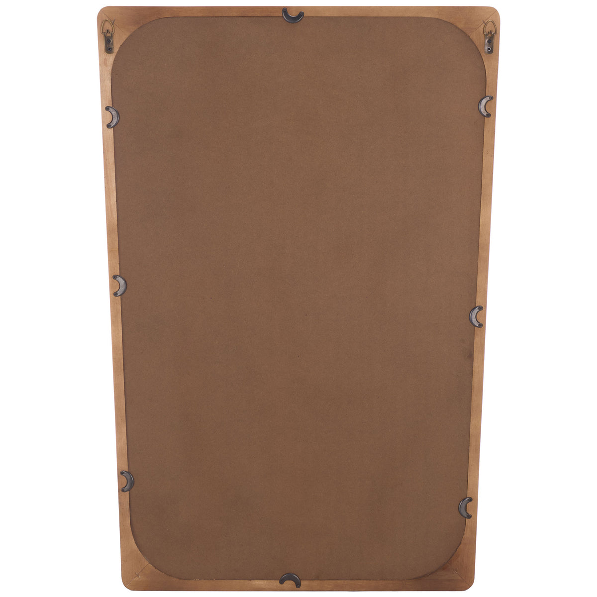 Brown backing and metal mounting loops equip the mirror for vertical wall display || MRR9031A || back_studio