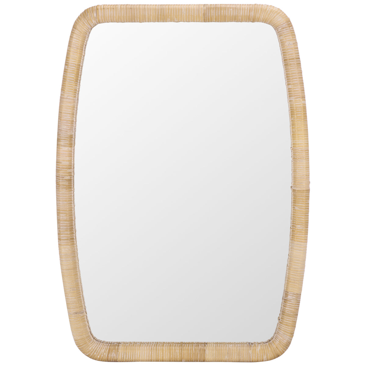 A gently curved rectangular mirror pairs reflective glass with a warm, textured rattan frame || MRR9032A || front_studio