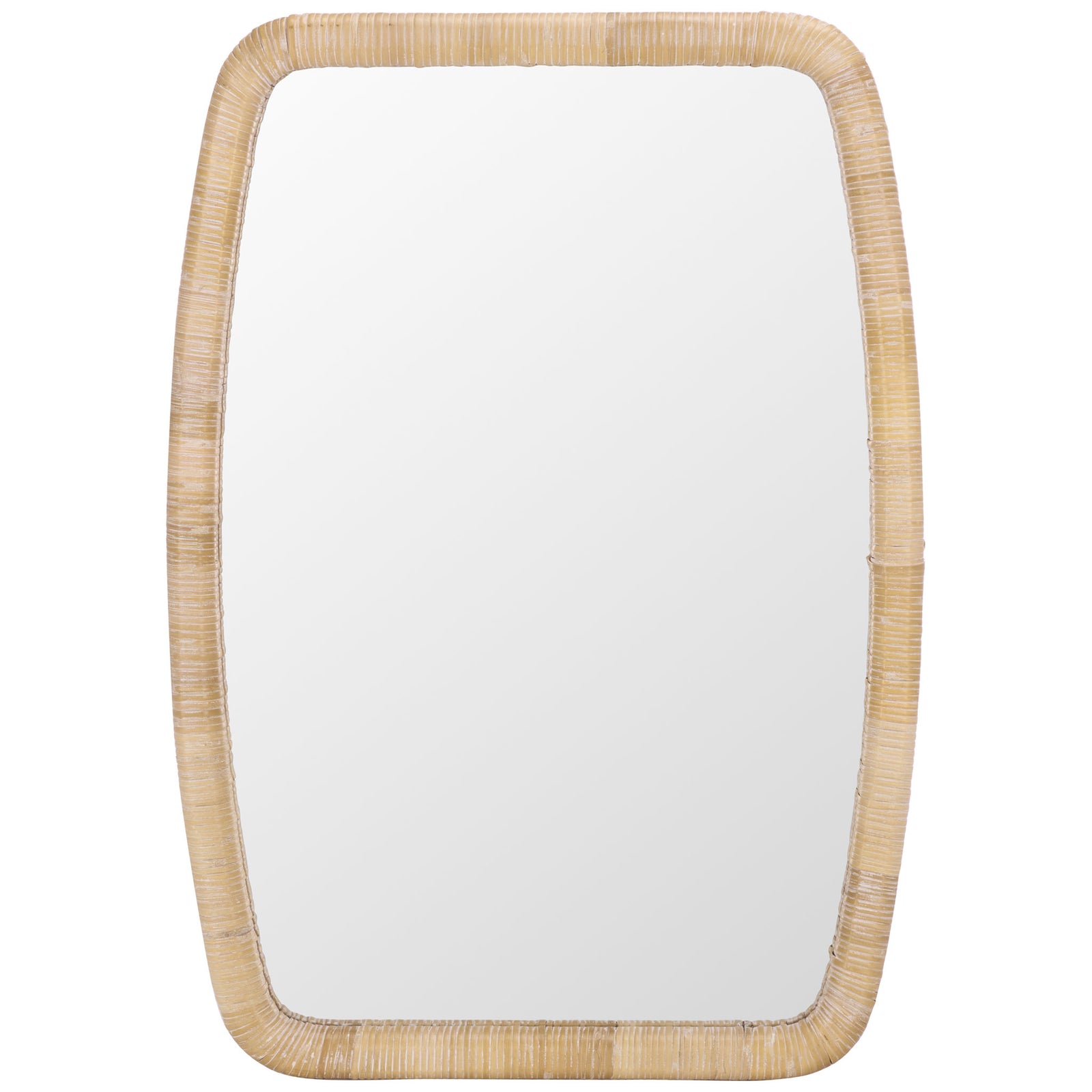 A gently curved rectangular mirror pairs reflective glass with a warm, textured rattan frame || MRR9032A || front_studio