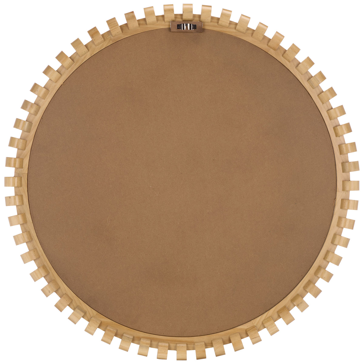 The round mirror has a natural pine frame, a smooth back panel, and a centered metal wall hanger. || MRR9033A || back_studio