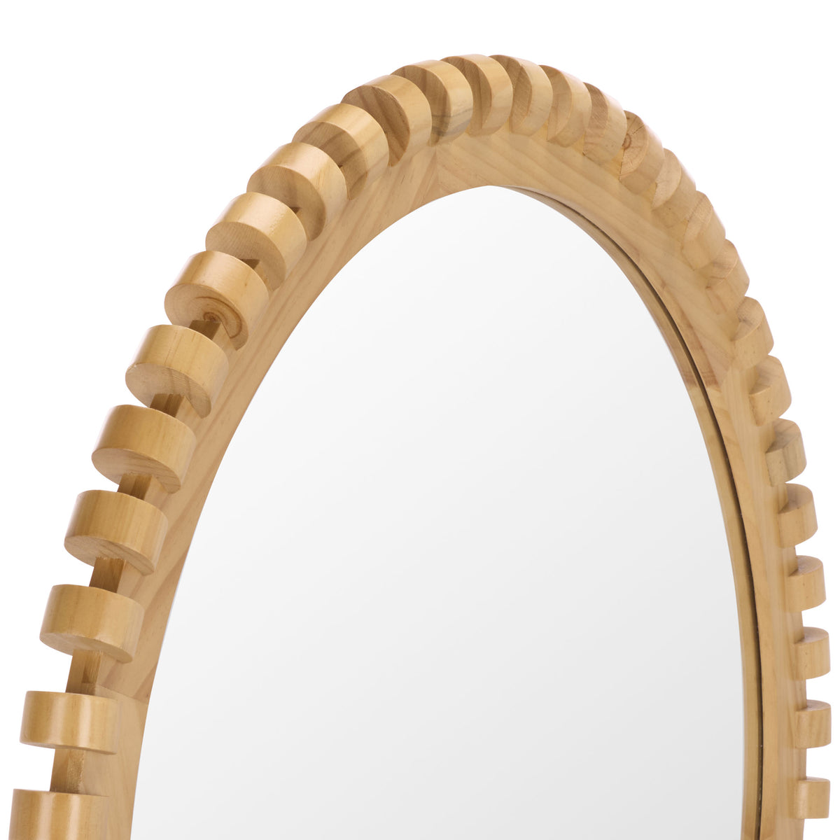 Raised pine wood blocks add layered texture to the mirror's curved, natural-finish frame. || MRR9033A || detail_studio