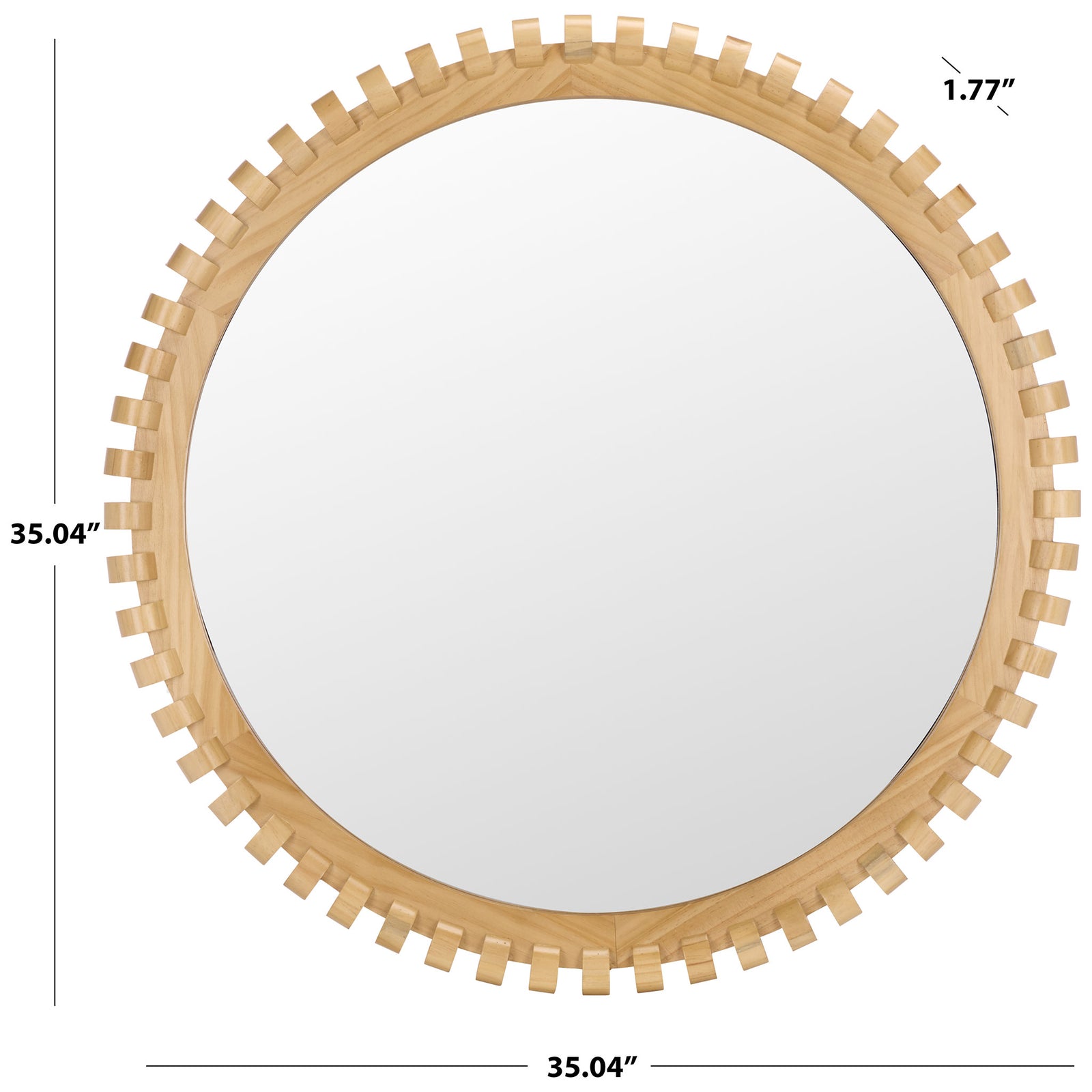 This round wall mirror measures 35.04 inches high and wide, with a slim 1.77-inch depth. || MRR9033A || dimension_studio