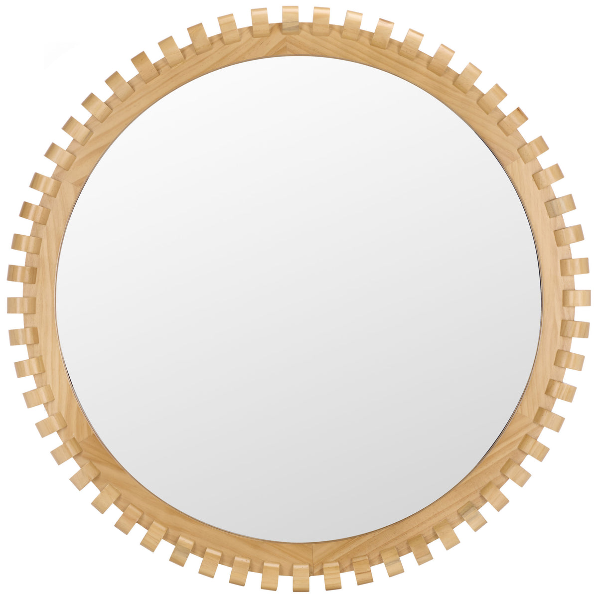 A round mirror pairs clear glass with a natural wood frame and a ring of evenly spaced notches. || MRR9033A || front_studio