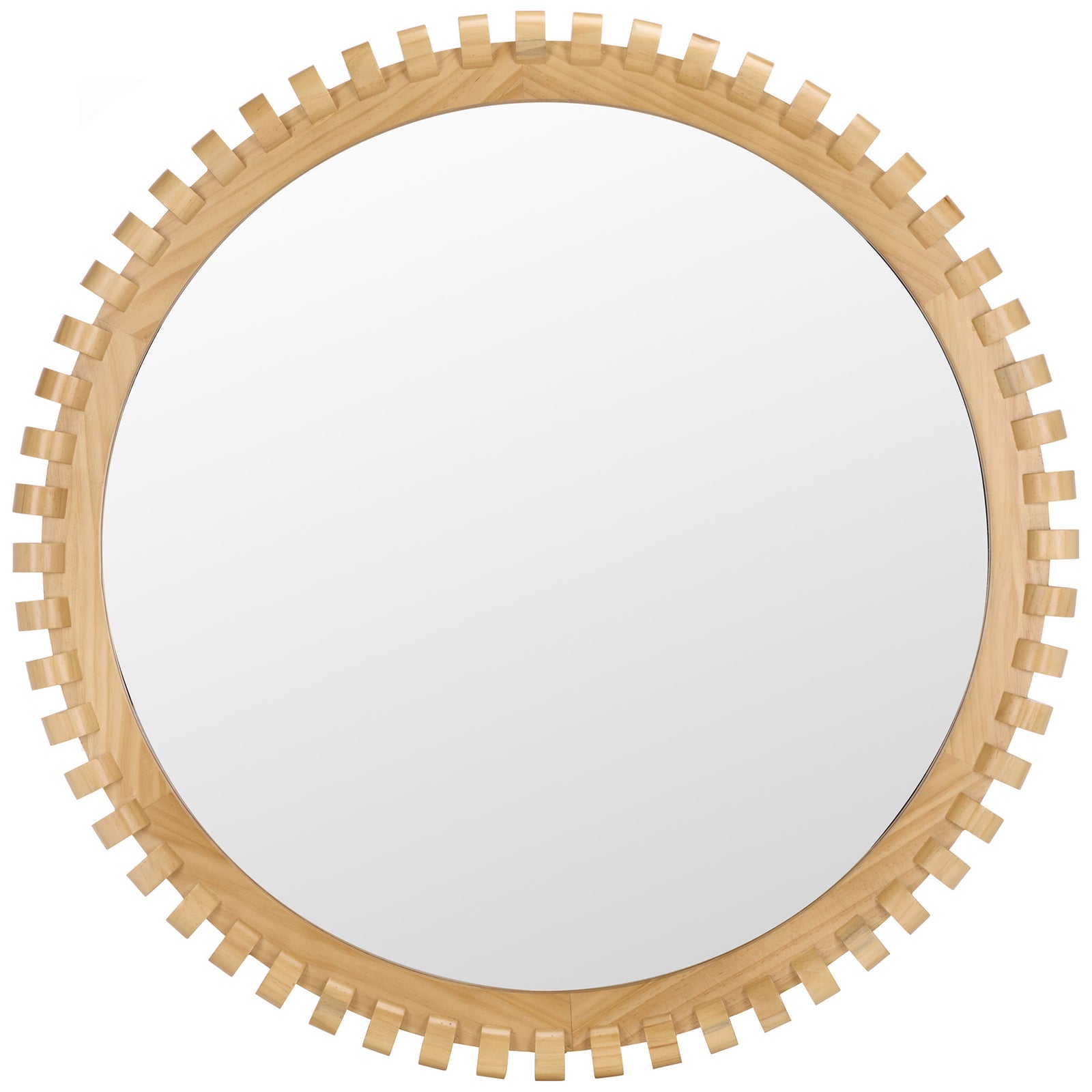 A round mirror pairs clear glass with a natural wood frame and a ring of evenly spaced notches. || MRR9033A || front_studio