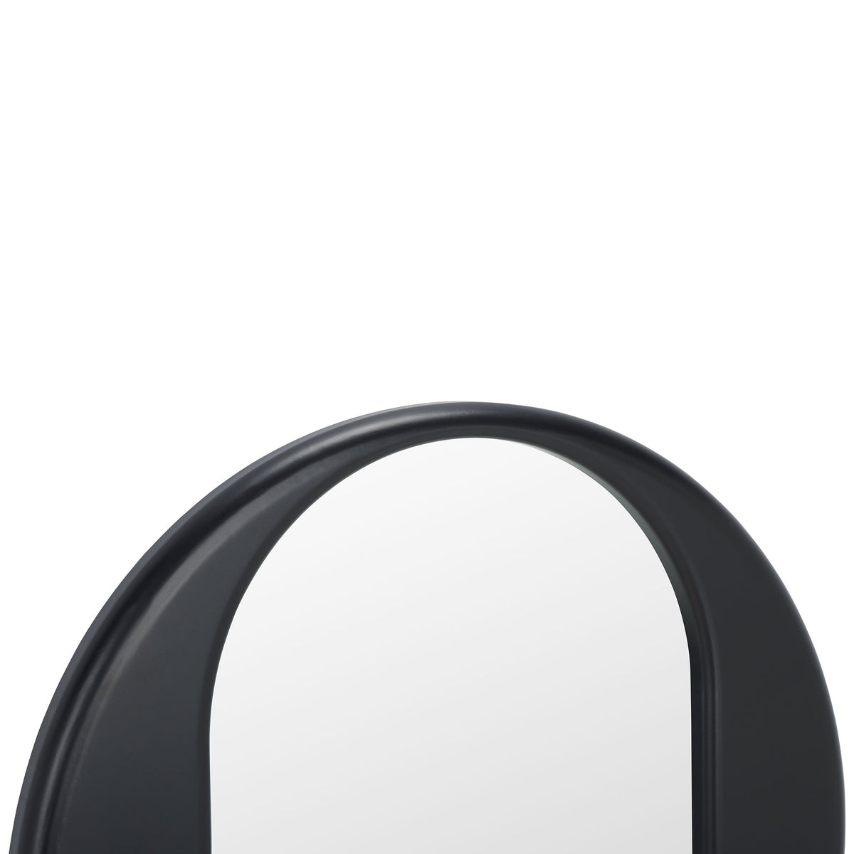 A softly rounded black frame outlines the curved top of the oval mirror || MRR9034A || detail_studio