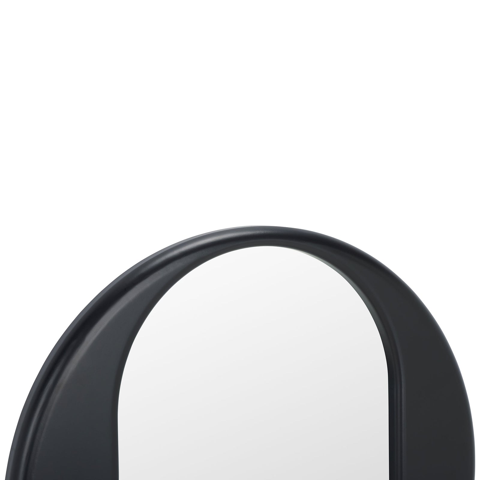 A softly rounded black frame outlines the curved top of the oval mirror || MRR9034A || detail_studio