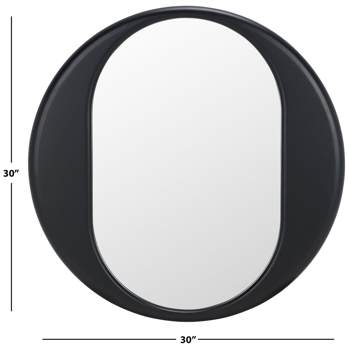 A black circular frame with an oval mirror measures 30 inches wide and high || MRR9034A || dimension_studio
