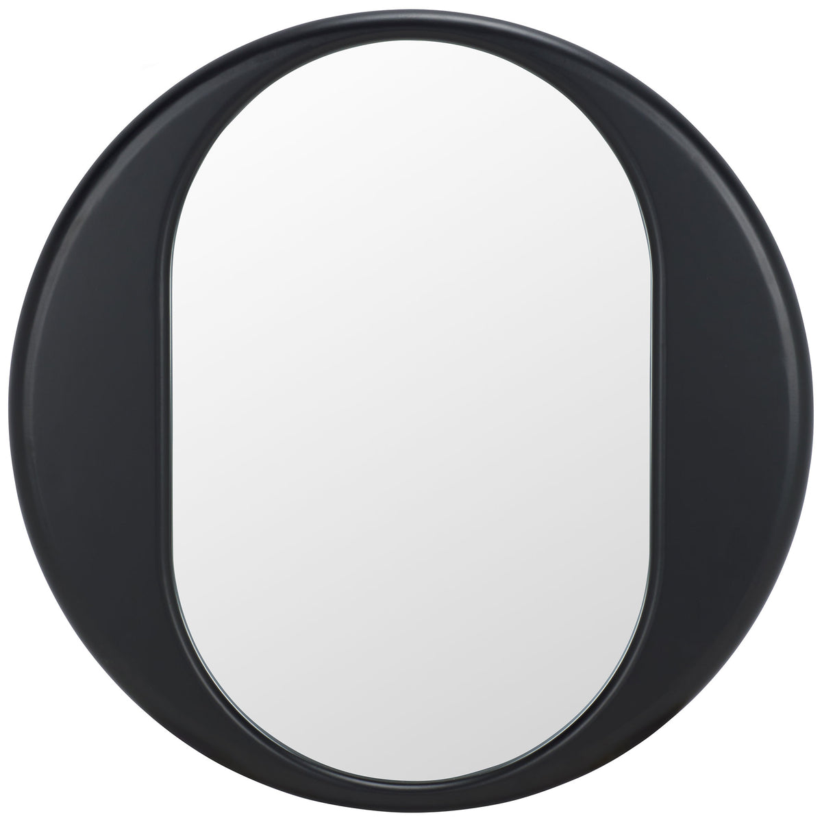 A bold black circular frame surrounds a tall oval mirror for modern geometric contrast || MRR9034A || front_studio