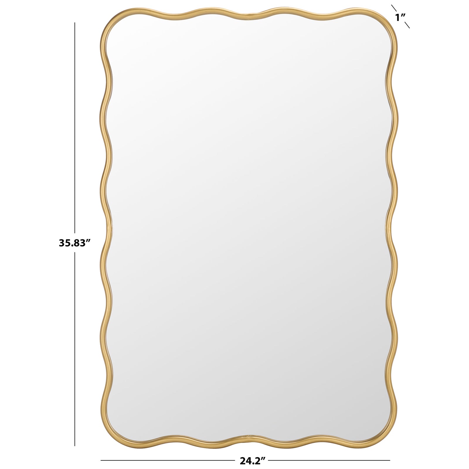 A scalloped gold mirror measures 24.2 inches wide, 35.83 inches tall and 1 inch deep || MRR9036A || dimension_studio