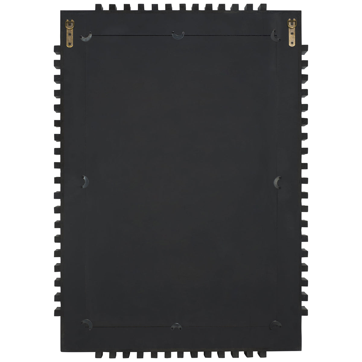 Black wall mirror with a solid backing, two mounting brackets, and ribbed frame edges. || MRR9037A || back_studio