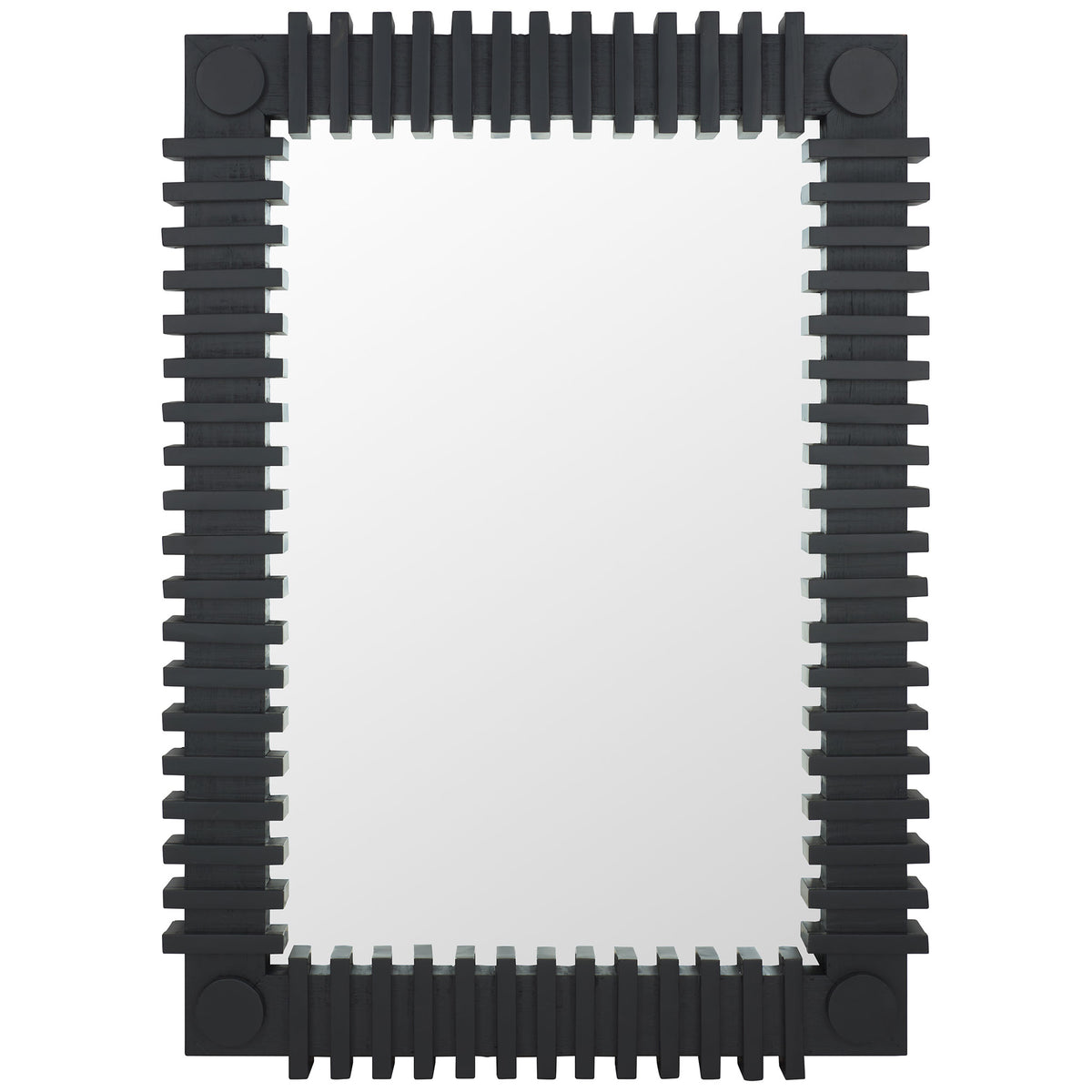 Rectangular wall mirror framed by bold black ridges and circular corner details. || MRR9037A || front_studio
