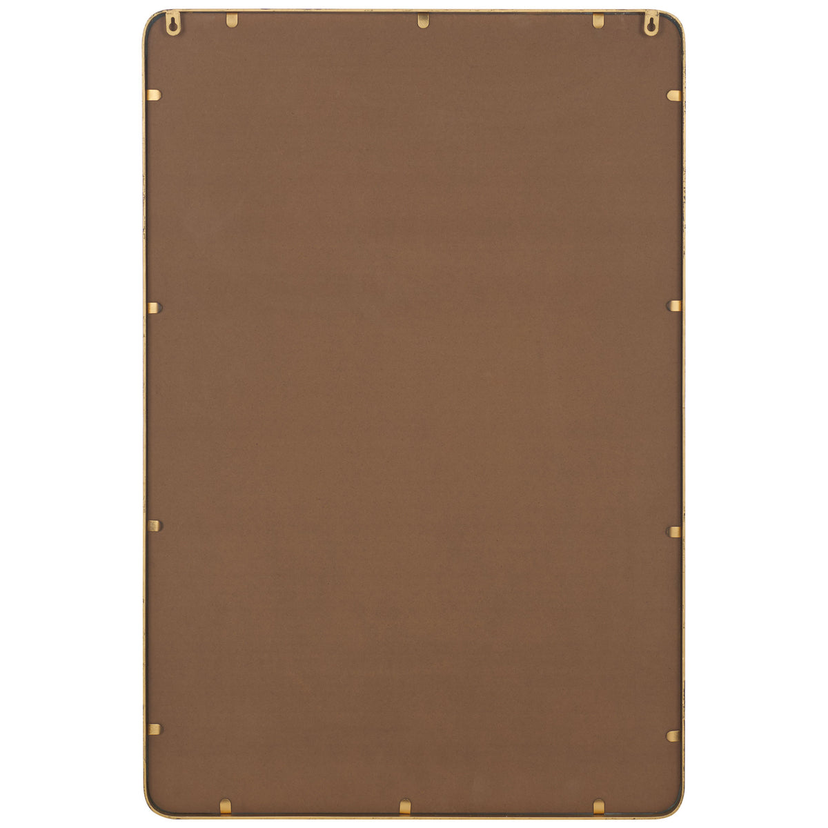 Brown backing with two hanging hooks supports the mirror's slim antique gold frame || MRR9038A || back_studio