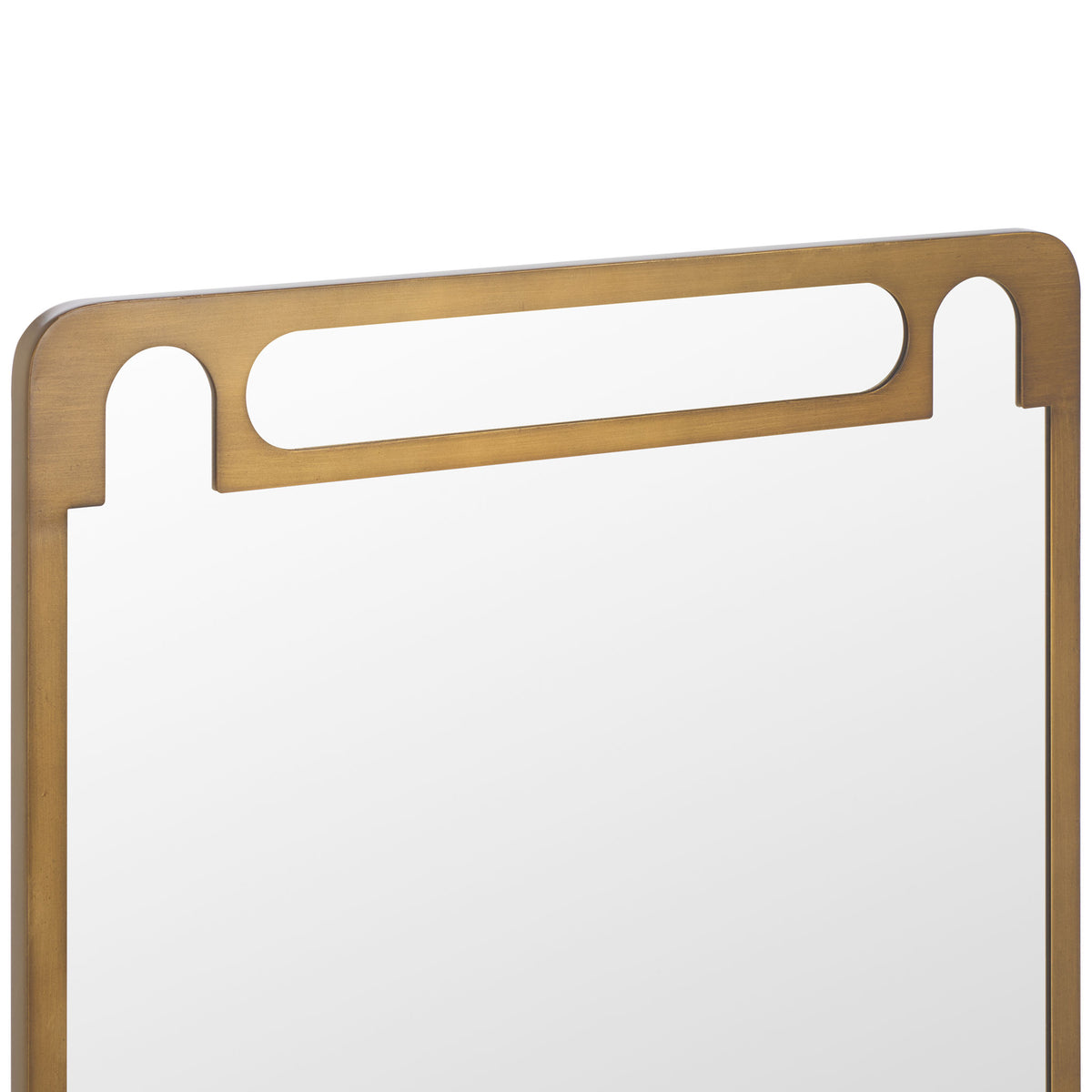Rounded corners and elongated cutouts accent the mirror's antique gold frame