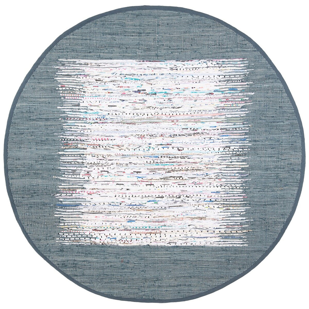 Blue-gray round rug with a dark border and broad ivory abstract bands across the center || MTK711G-6R || top_studio