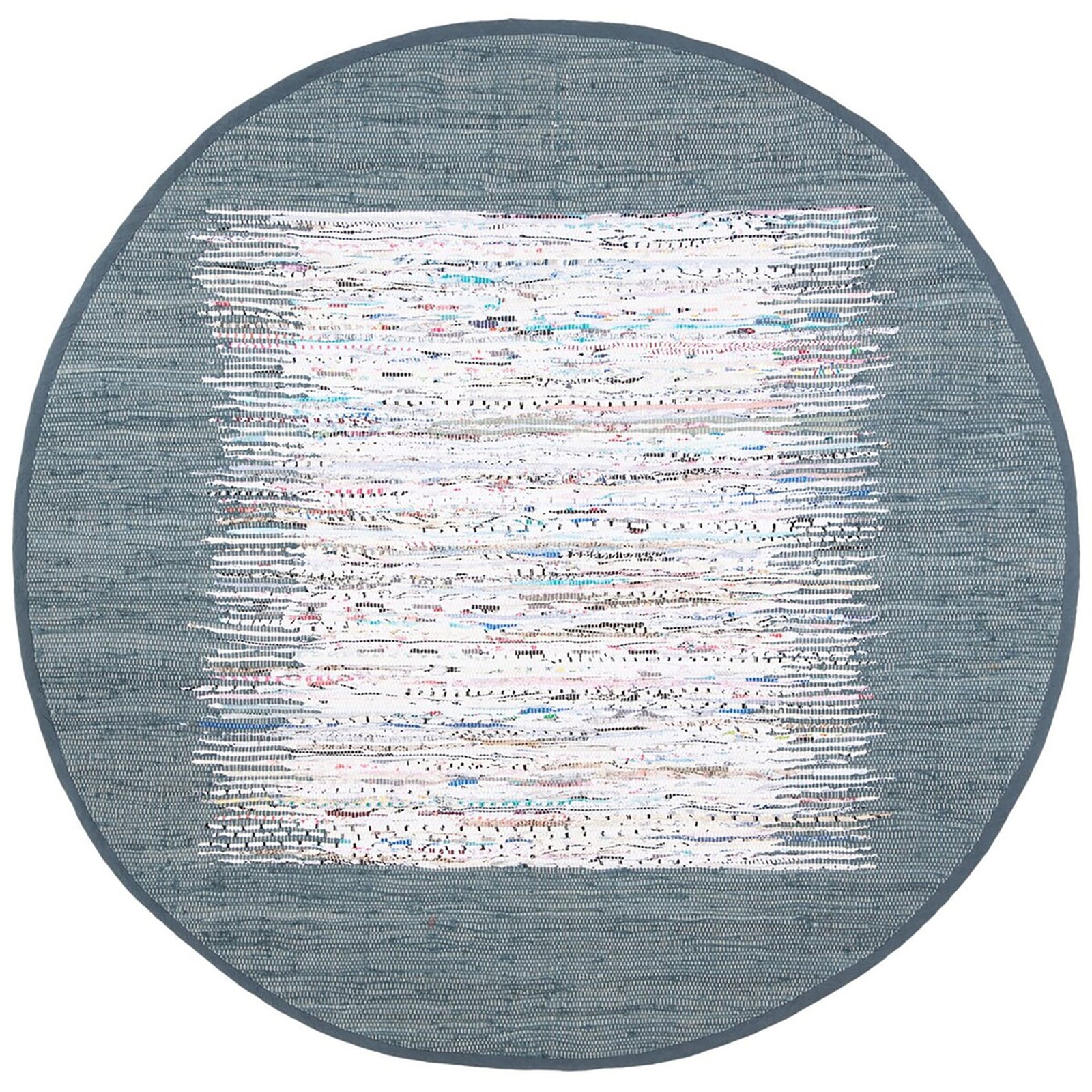 Blue-gray round rug with a dark border and broad ivory abstract bands across the center || MTK711G-6R || top_studio