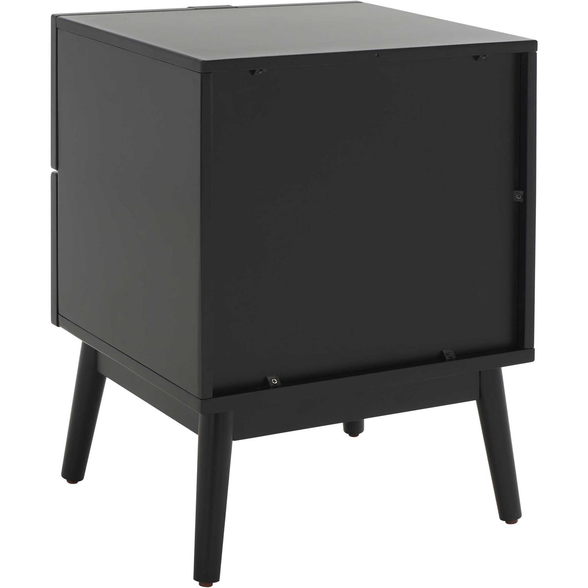 Sleek silhouette with smooth black panels and tapered legs. || NST5003B || back_angle_studio