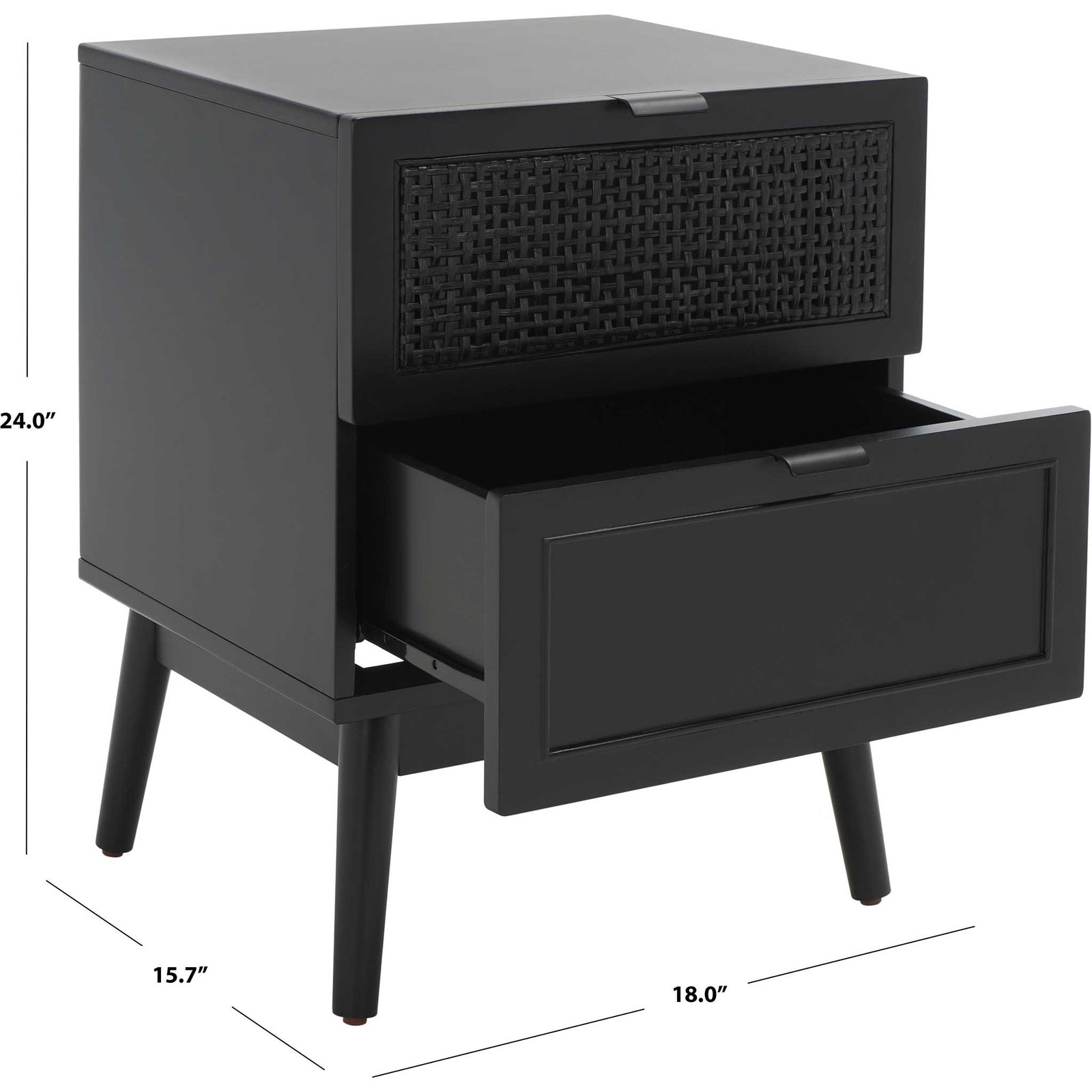 Compact silhouette with two drawers and rattan accent, sized to fit bedside essentials. || NST5003B || dimension_studio