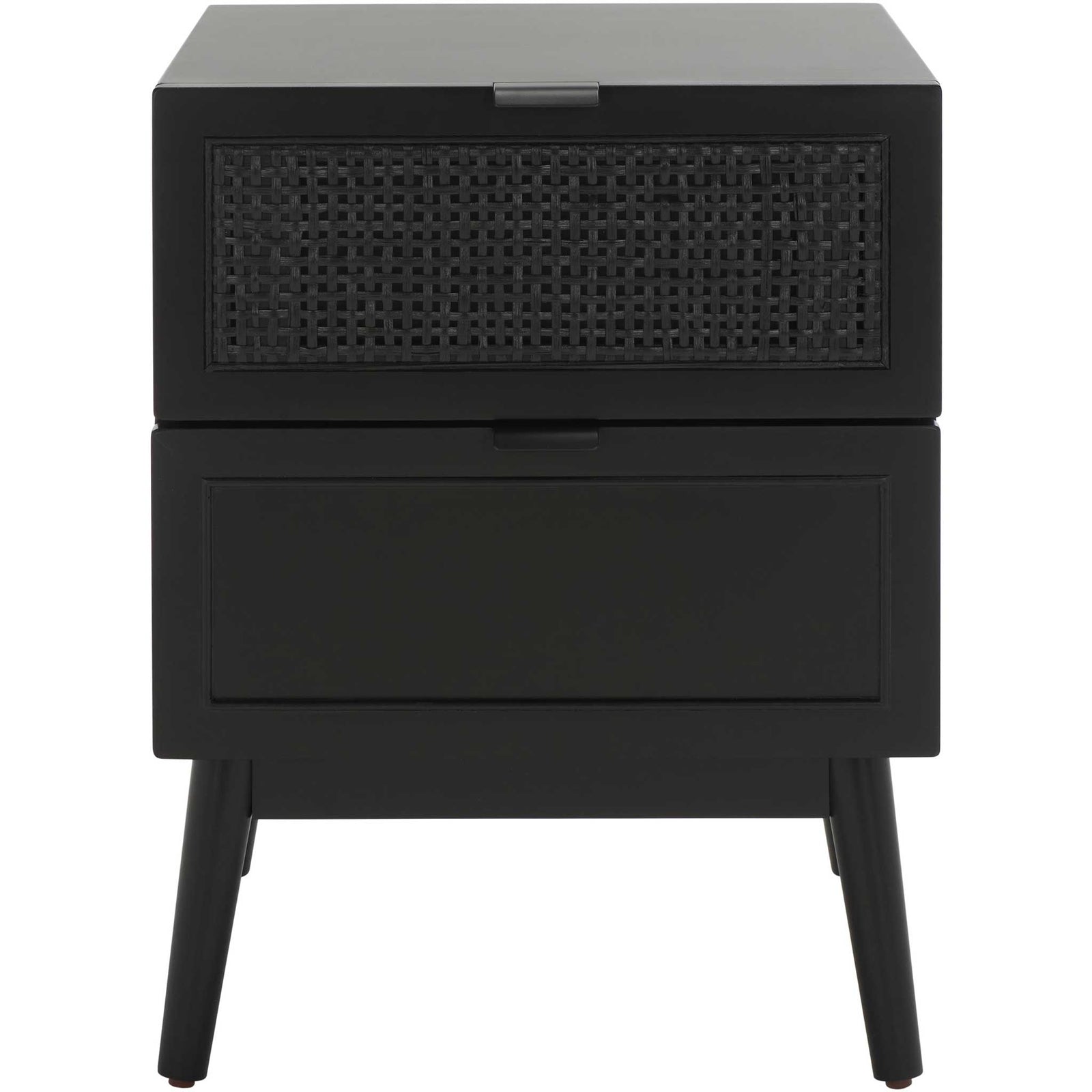 Two-drawer nightstand with woven rattan accent and sleek black finish on tapered legs. || NST5003B || front_studio