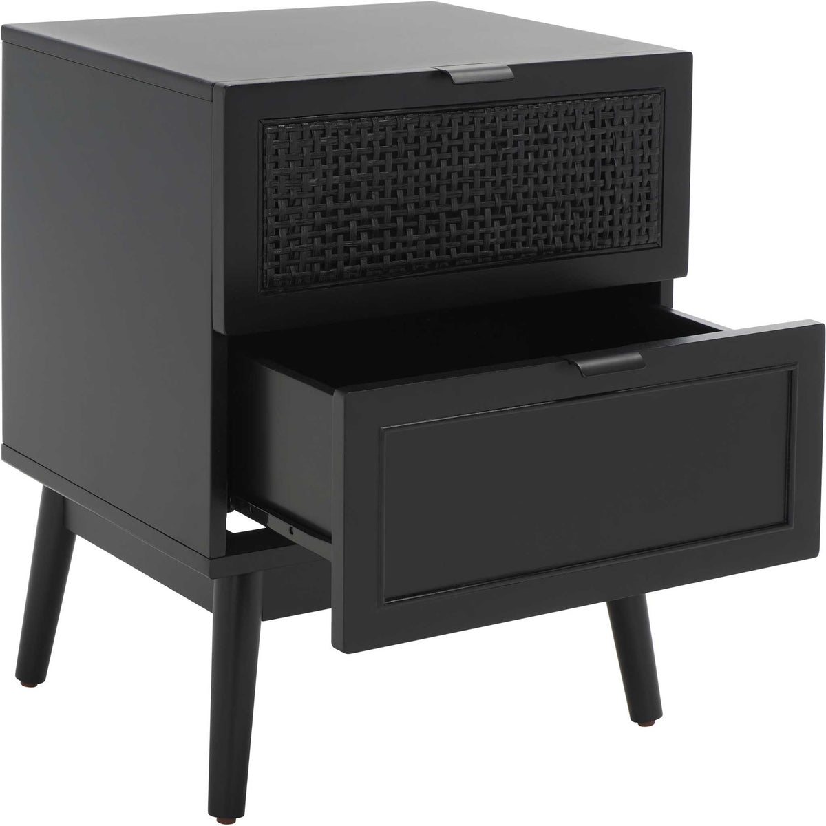 Spacious bottom drawer glides open beneath a woven rattan top drawer, all in a refined black finish. || NST5003B || front_angle_open_studio