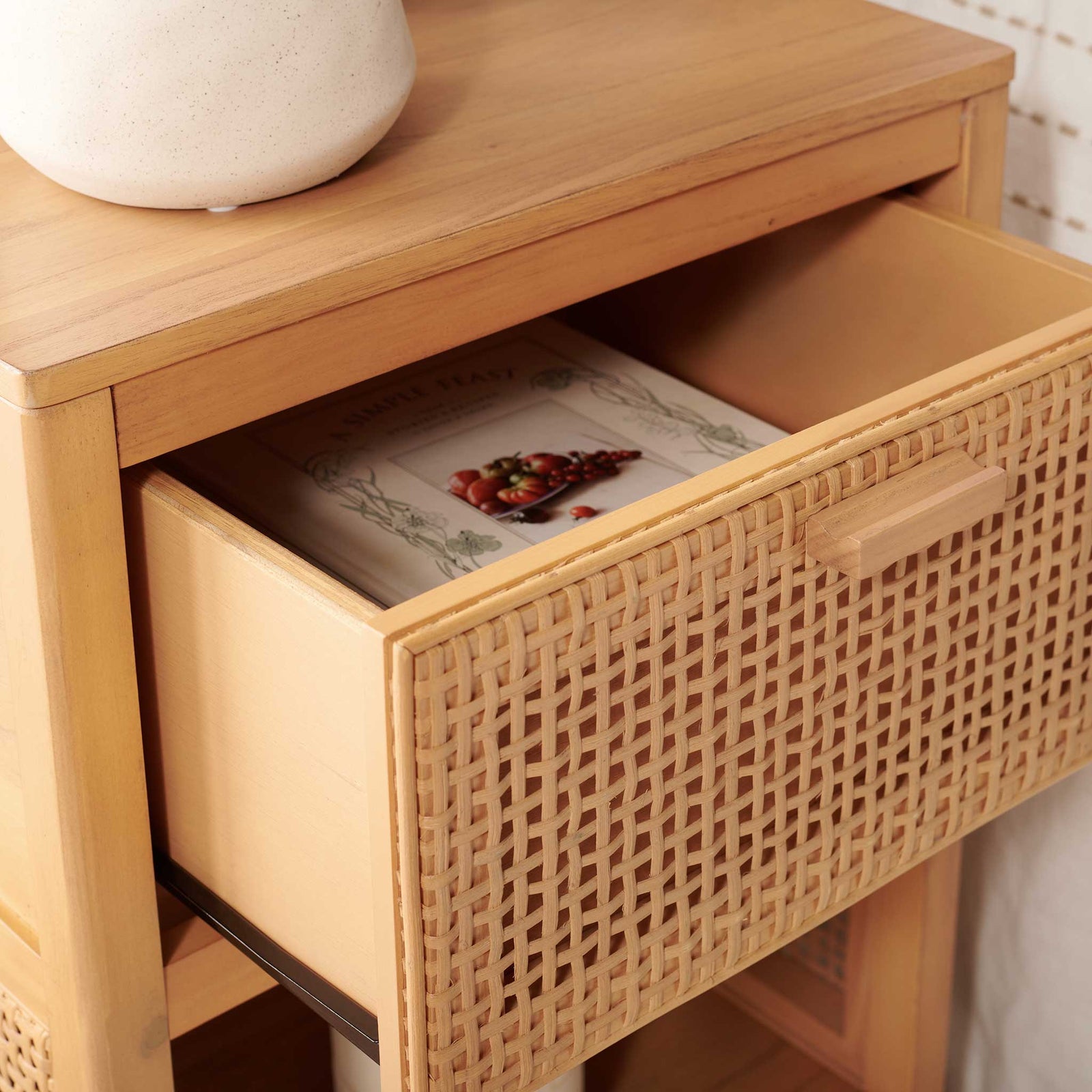 Drawer smoothly opens to store nighttime essentials within easy reach || NST5012A || storage_open_room