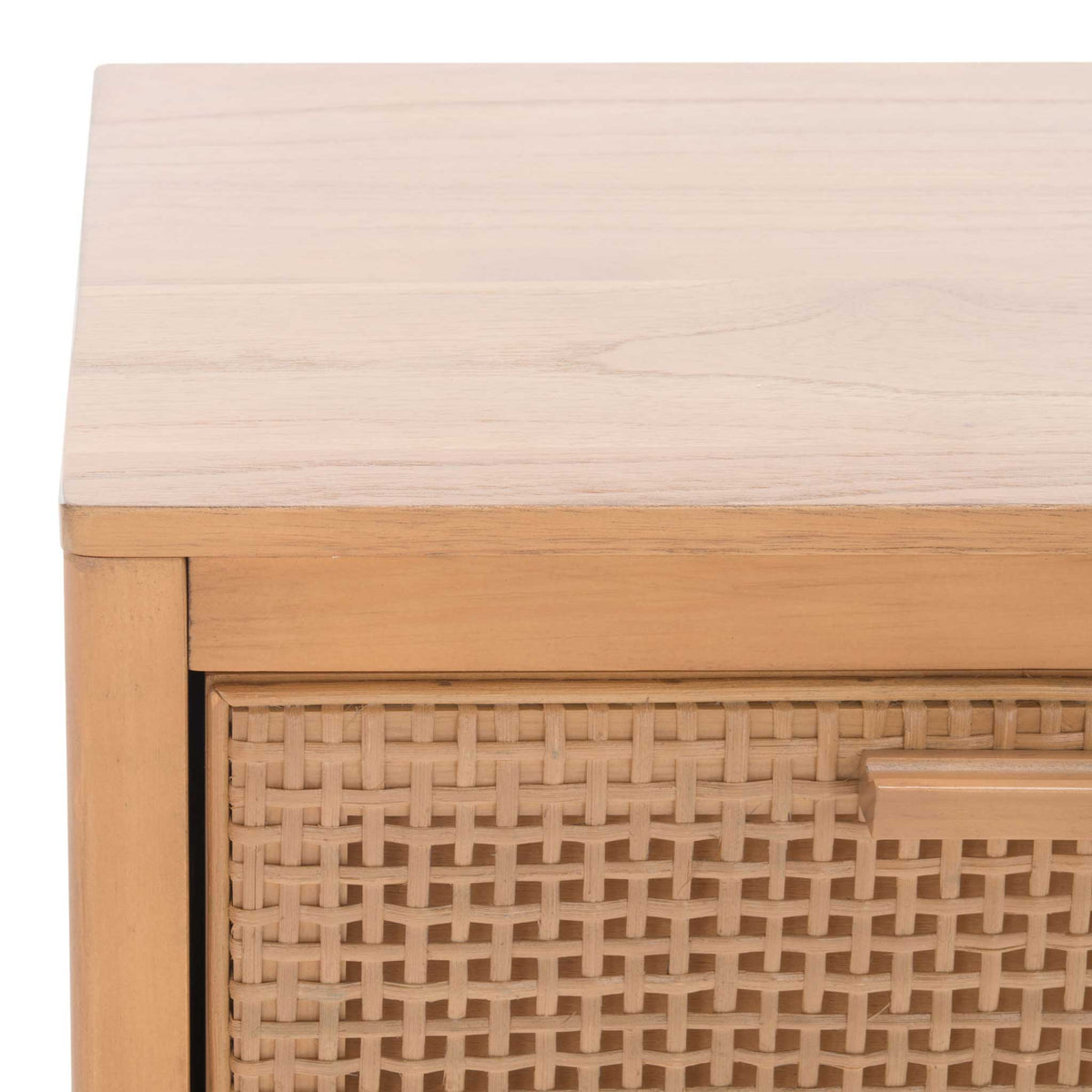 Crisp craftsmanship highlights the woven rattan front and clean joinery