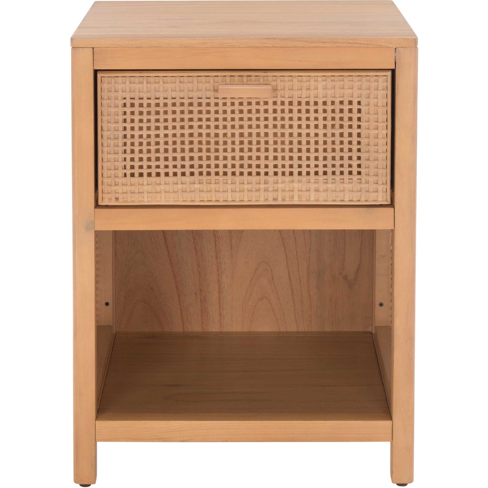 Natural wood nightstand with woven rattan drawer and roomy open shelf || NST5012A || front_studio