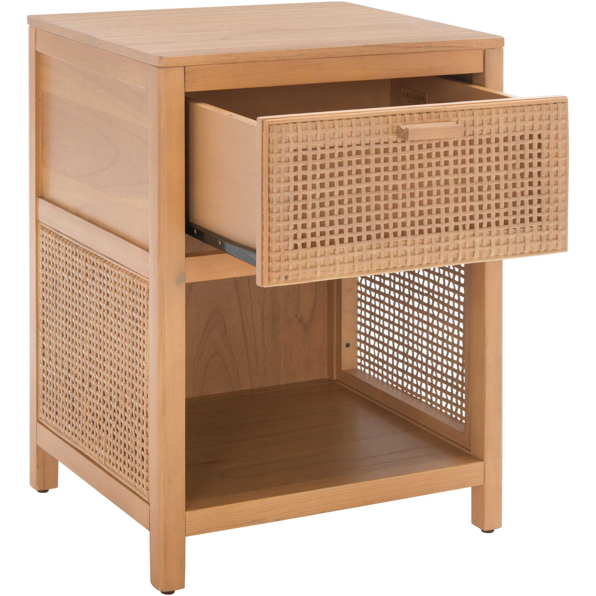 Smooth-gliding drawer opens to reveal storage above a roomy shelf in warm natural wood || NST5012A || front_angle_open_studio